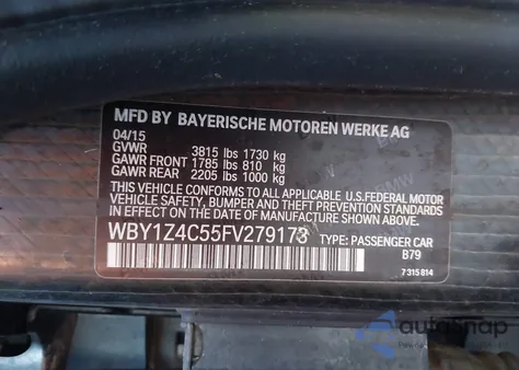 2015 BMW I3 Base W/Range Extender z USA, uszkodzony, nr VIN WBY1Z4C55FV279173